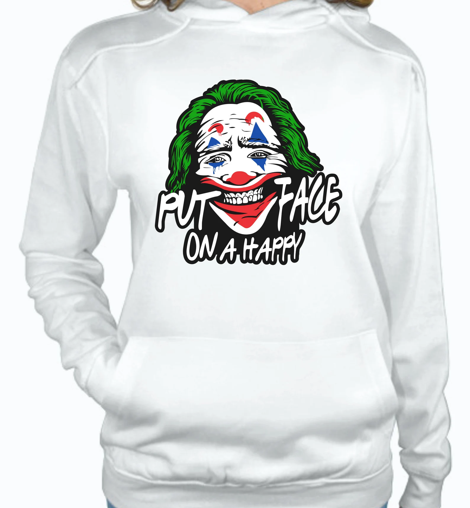 Warm white hoodie with Joker face.