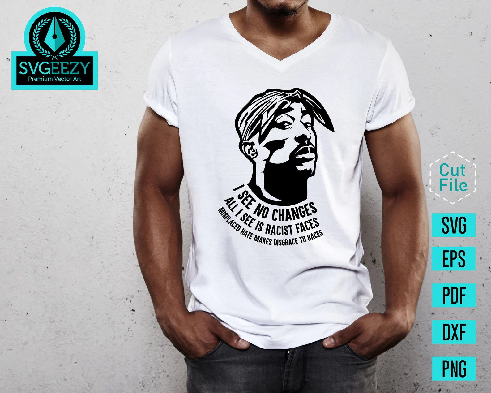 White t-shirt for men with black Tupac illustration.