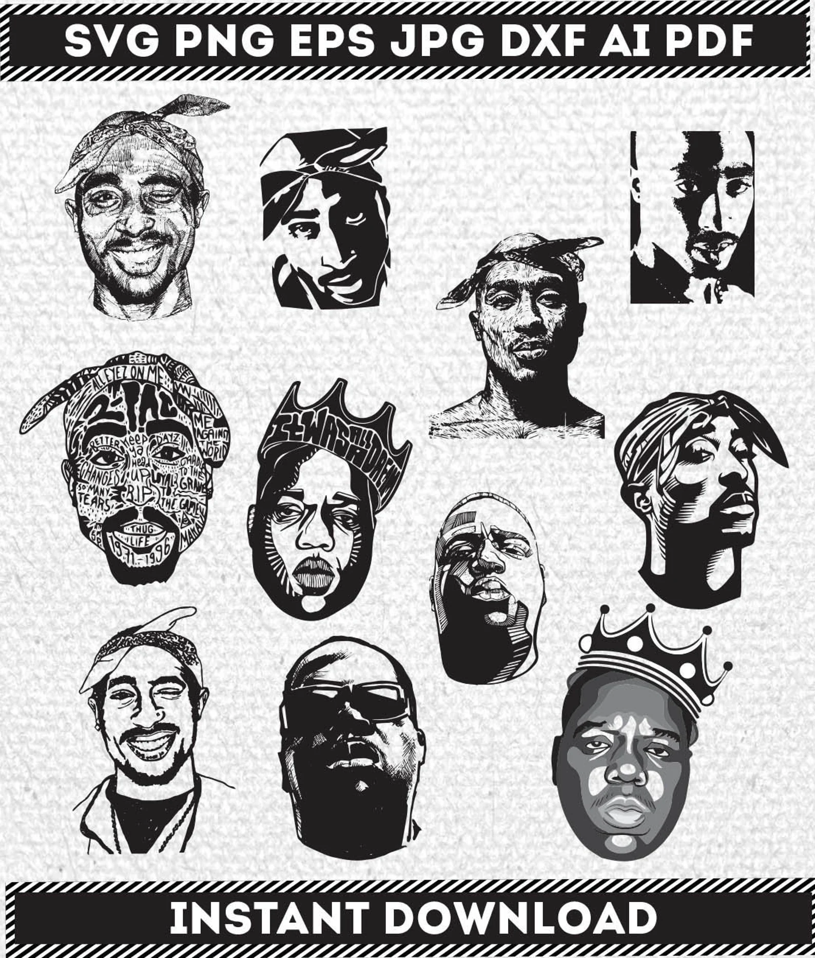 Diverse of Tupac Shakur face in the different style.