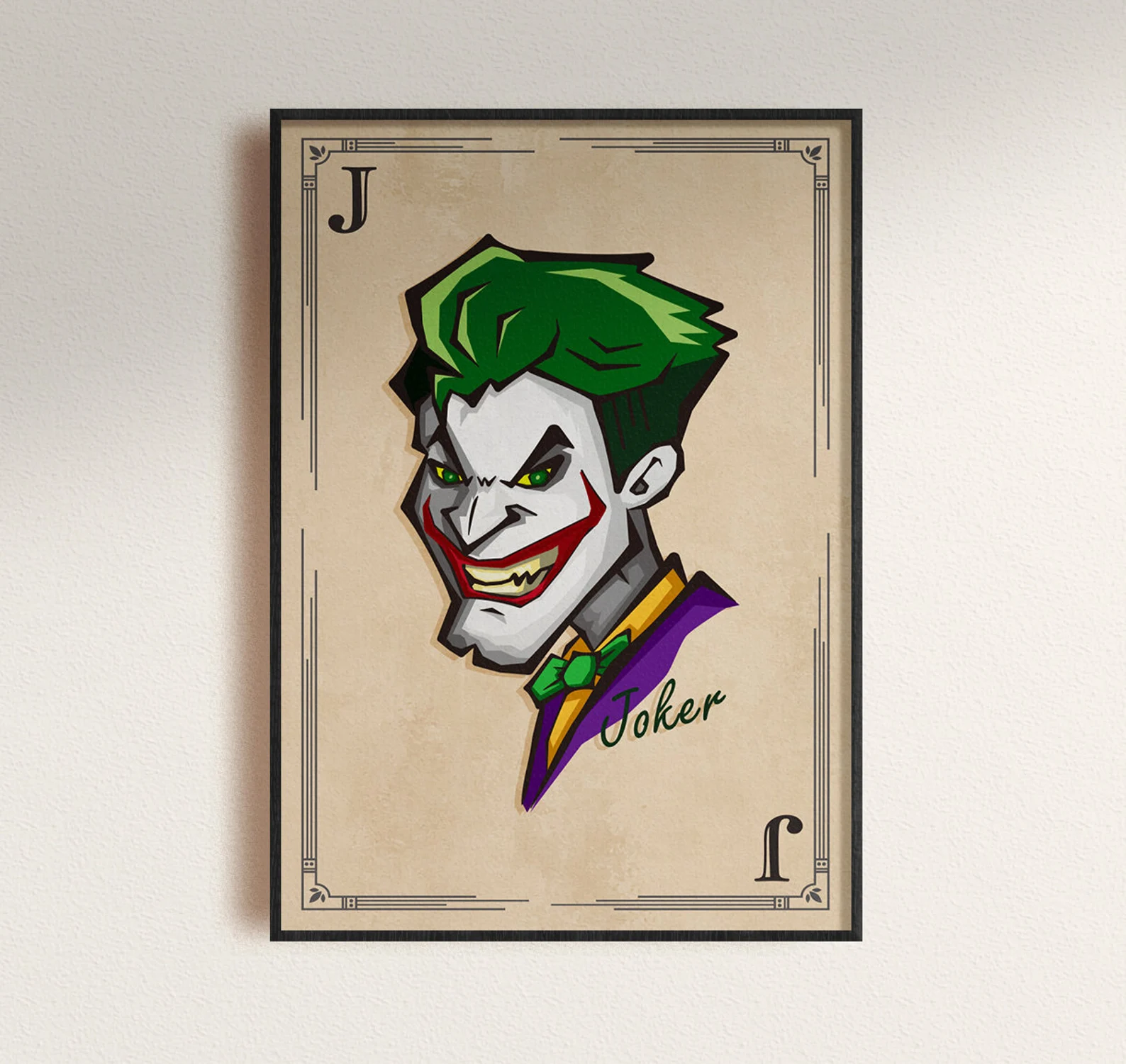 Wooden poster with Joker with short green hair.