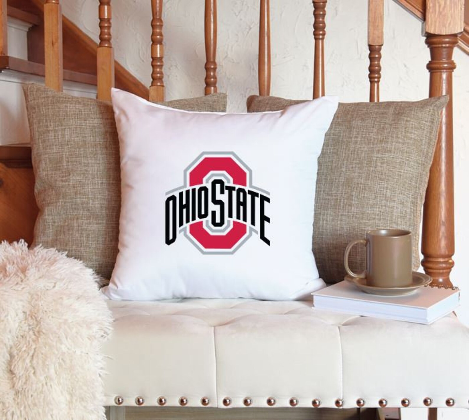 Decorate white pillow with Ohio state logo.
