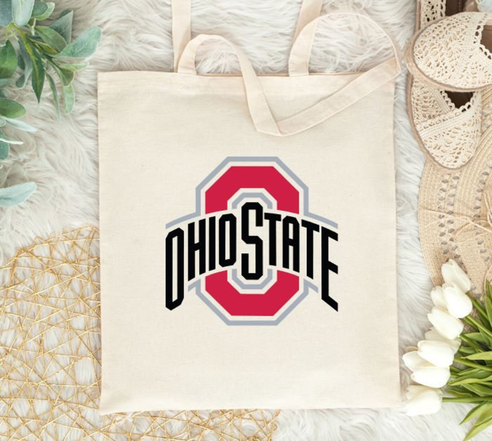 Ivory eco bag with Ohio state logo.
