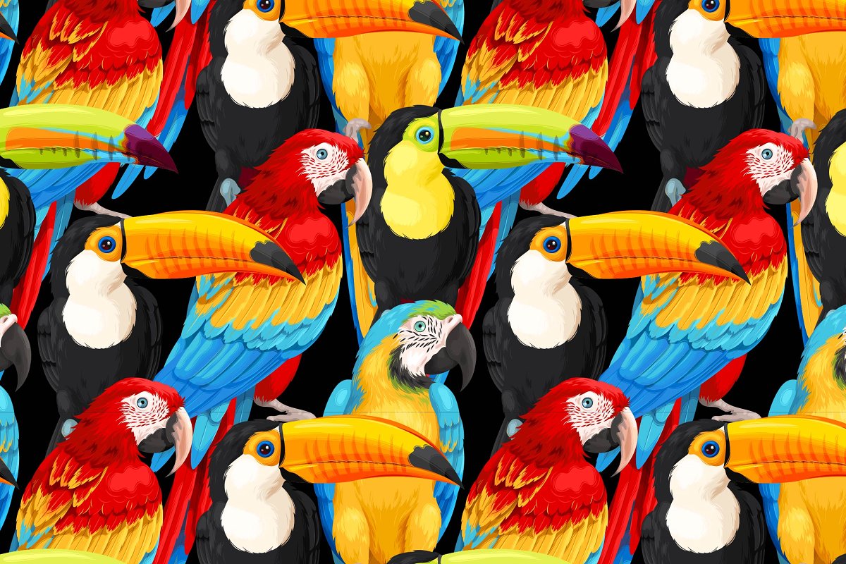 This set of patterns includes a range of birds of paradise such as macaws and toucans.