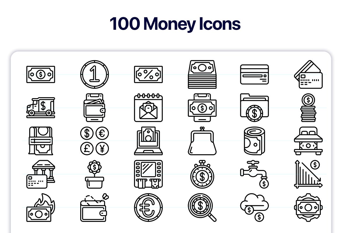 This set includes 100 money icons.