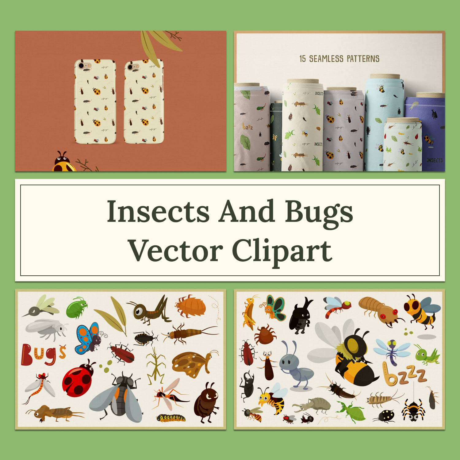 Insects and Bugs Vector Clipart & Seamless Patterns.