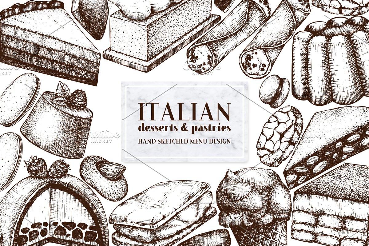 Italian desserts hand sketched menu design.