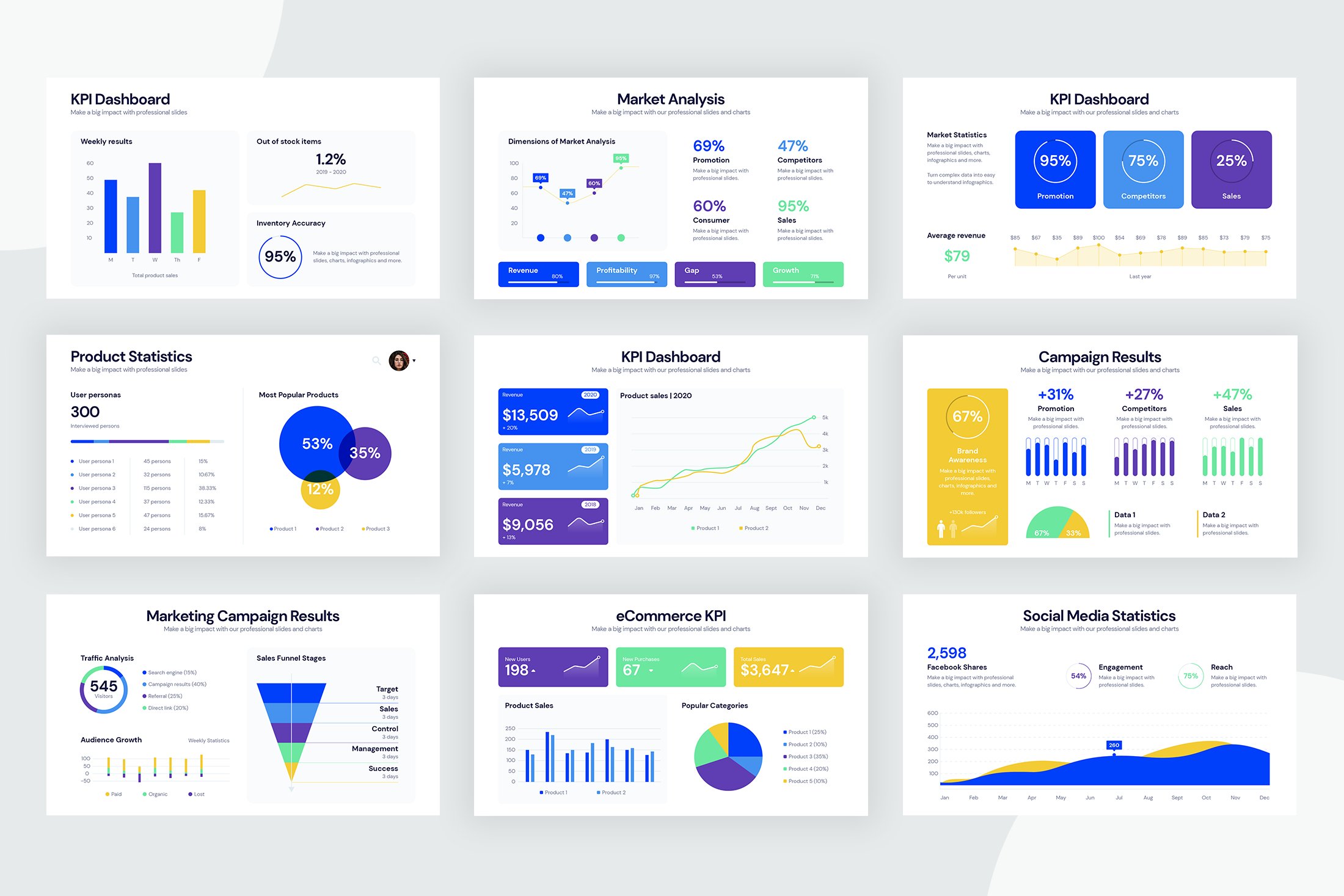 Blue, purple and yellow infographics for your presentation.