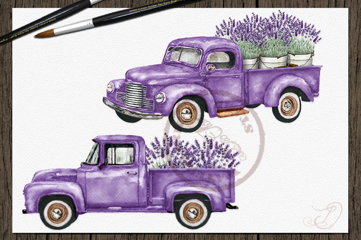 Two purple cars with lavenders.