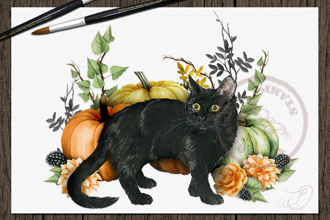 Black cat between pumpkins and flowers.