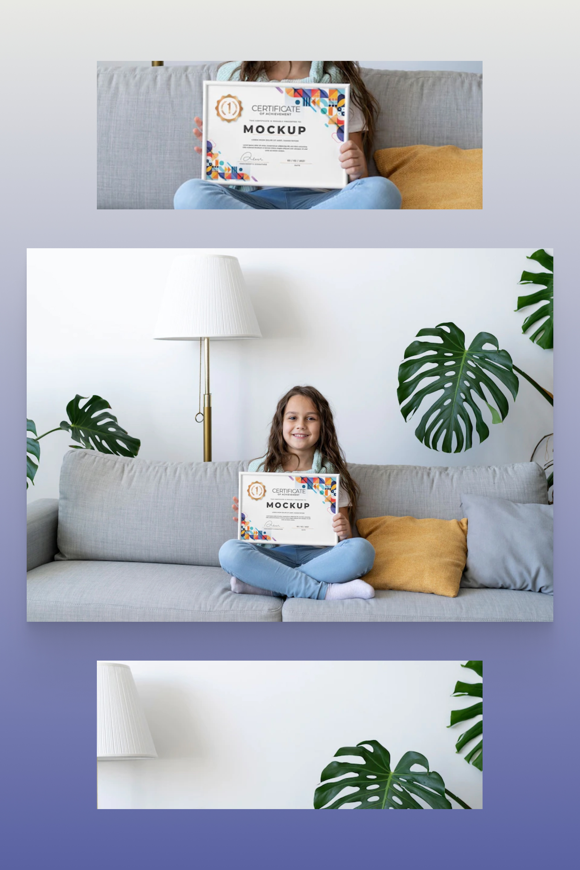 Little girl at sofa holding a certificate mock-up.