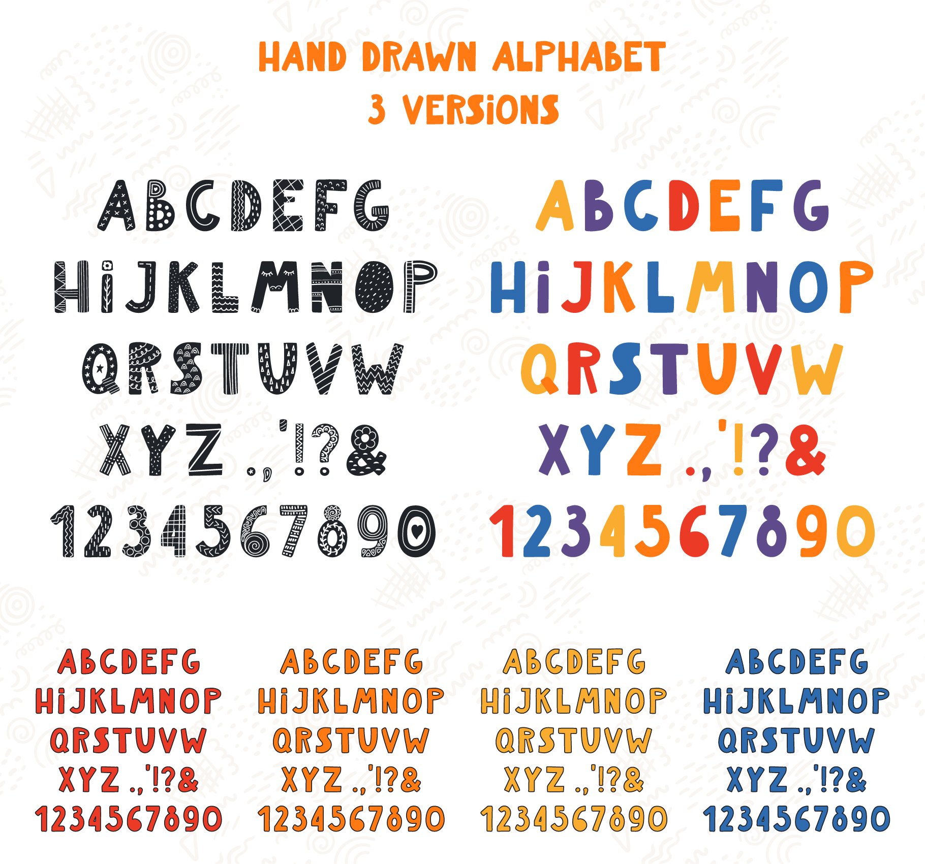 Multicolor hand drawn alphabet.