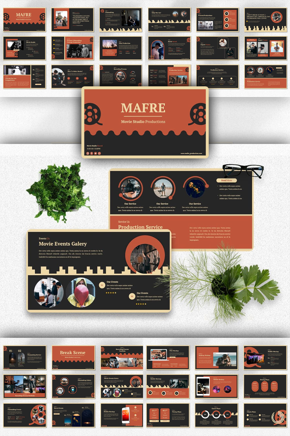 Collage of presentation pages with film frames and black and orange background.