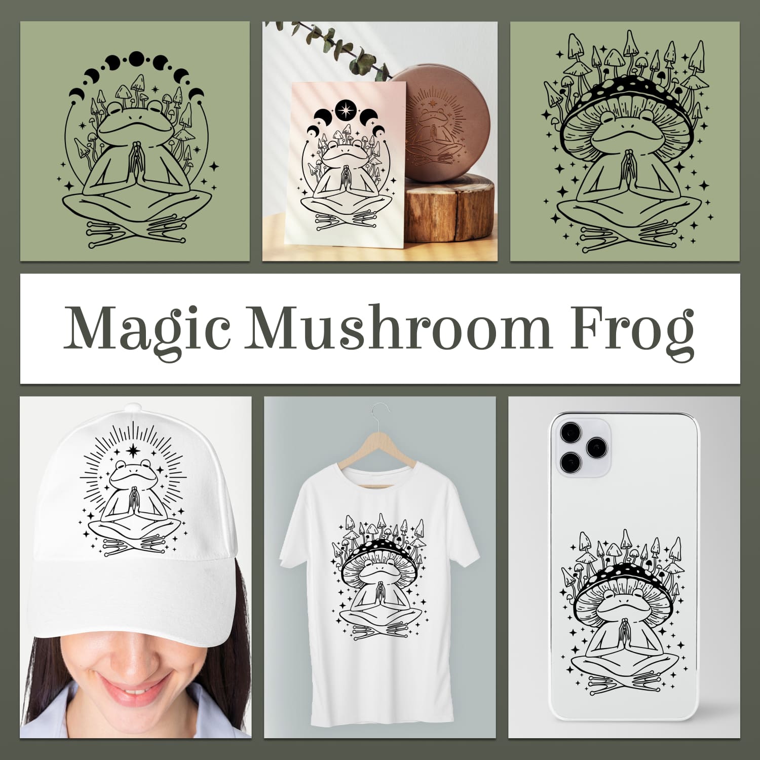 Woman wearing a white hat and t - shirt with the words magic mushroom frog.