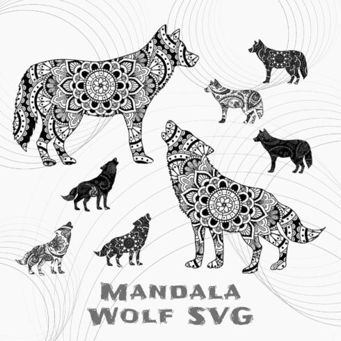 Black and white drawing of several wolfs.