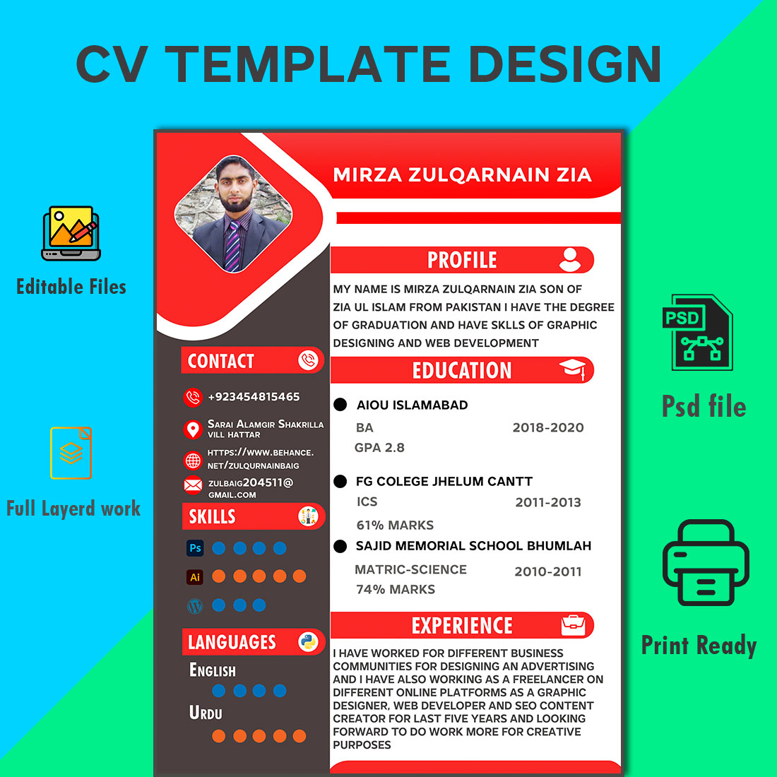 Professional resume with a red and black color scheme.