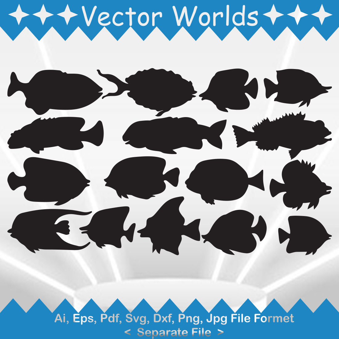 Set of fish silhouettes on a blue and white background.
