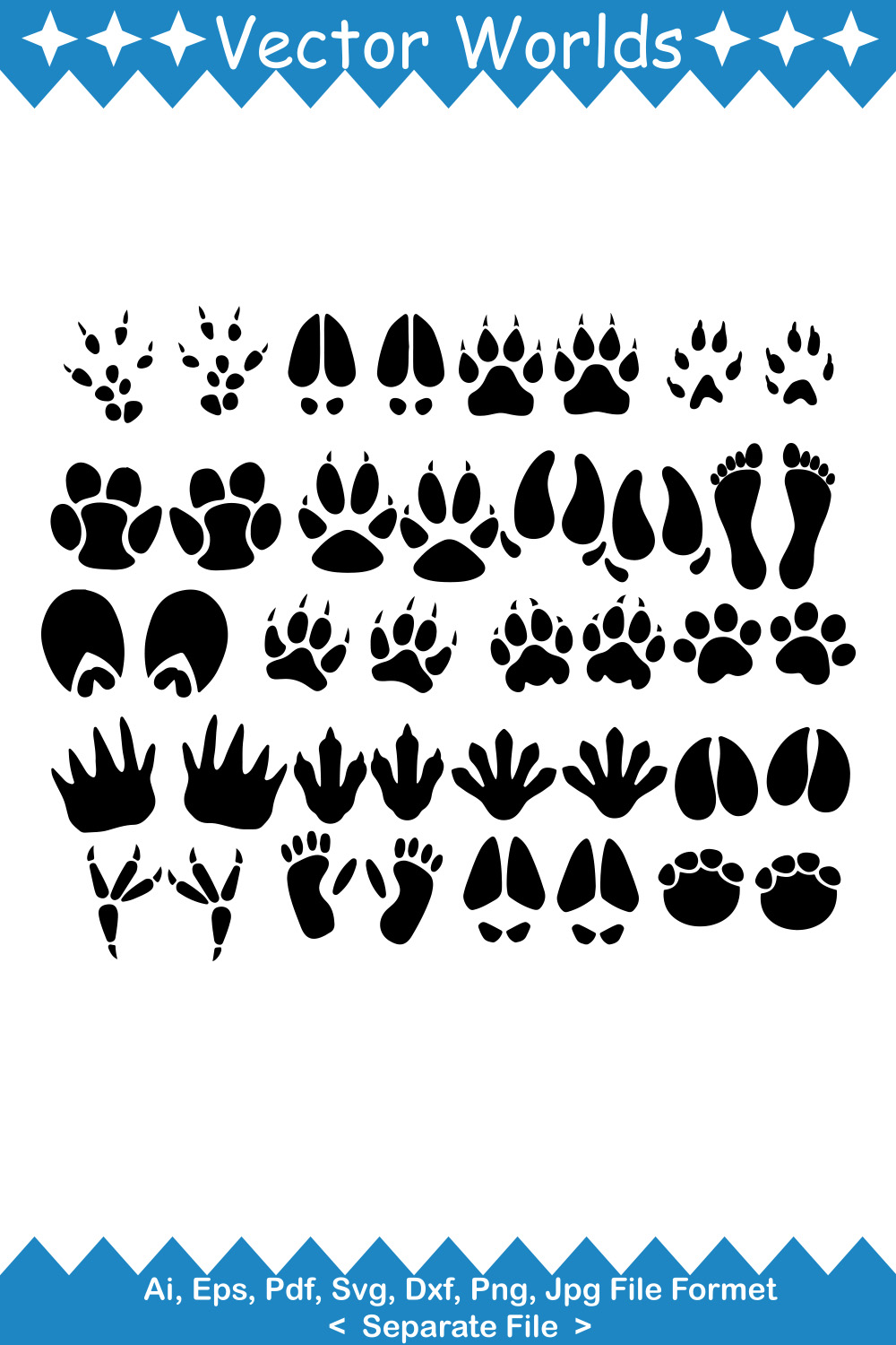 Set of footprints and footprints of animals.
