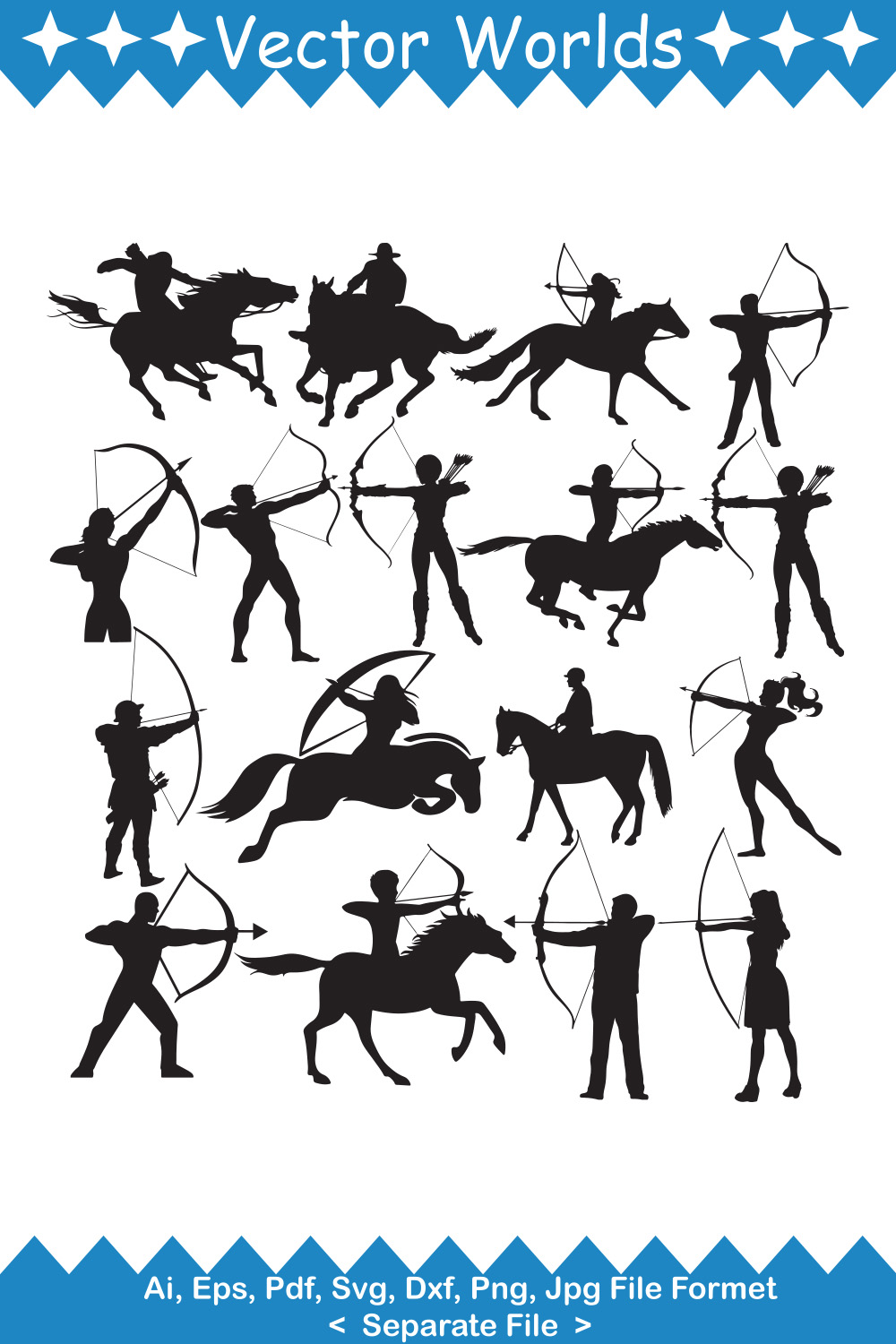 Set of silhouettes of people with bows and arrows.