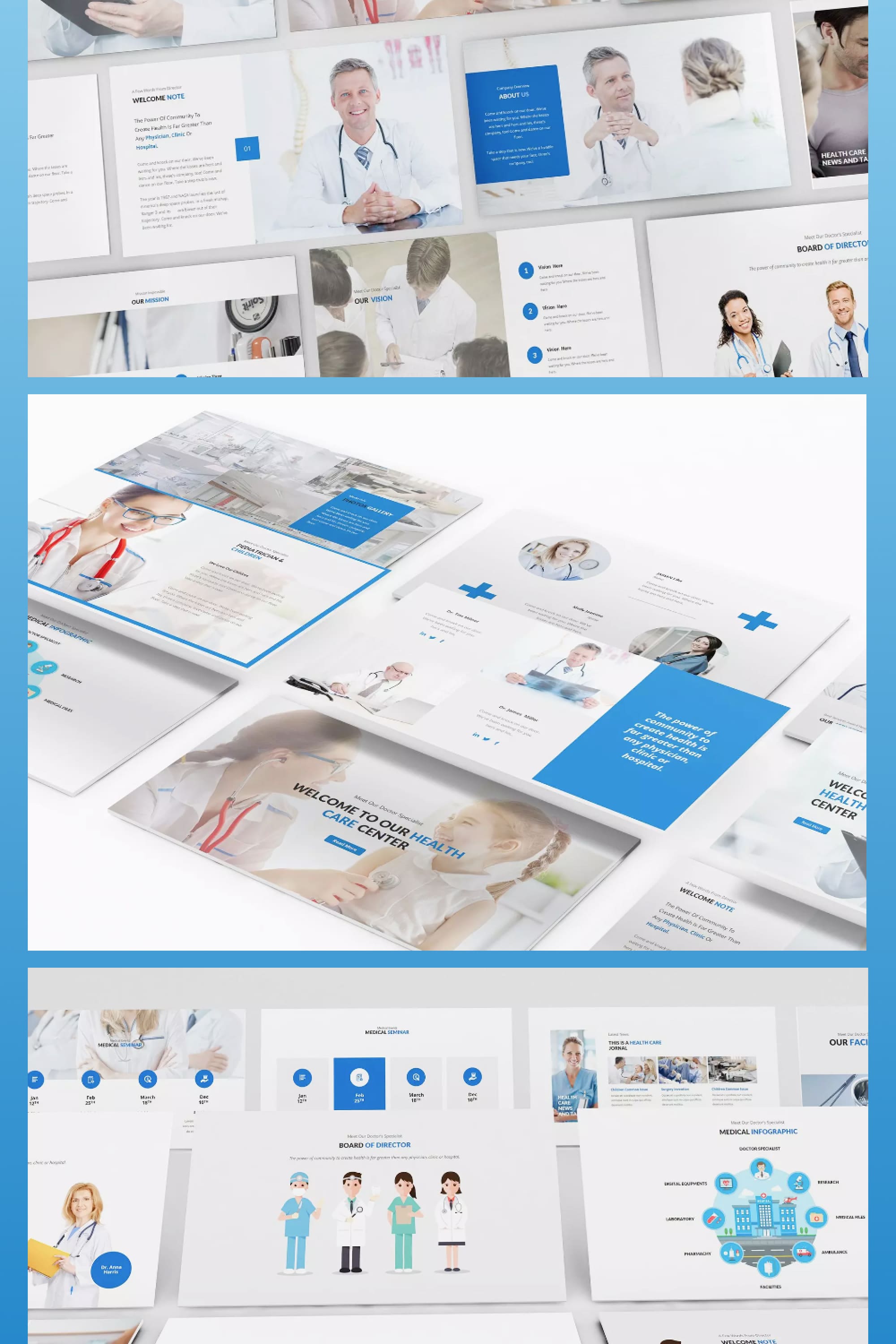 Collage of presentation pages in blue and white design with doctors.
