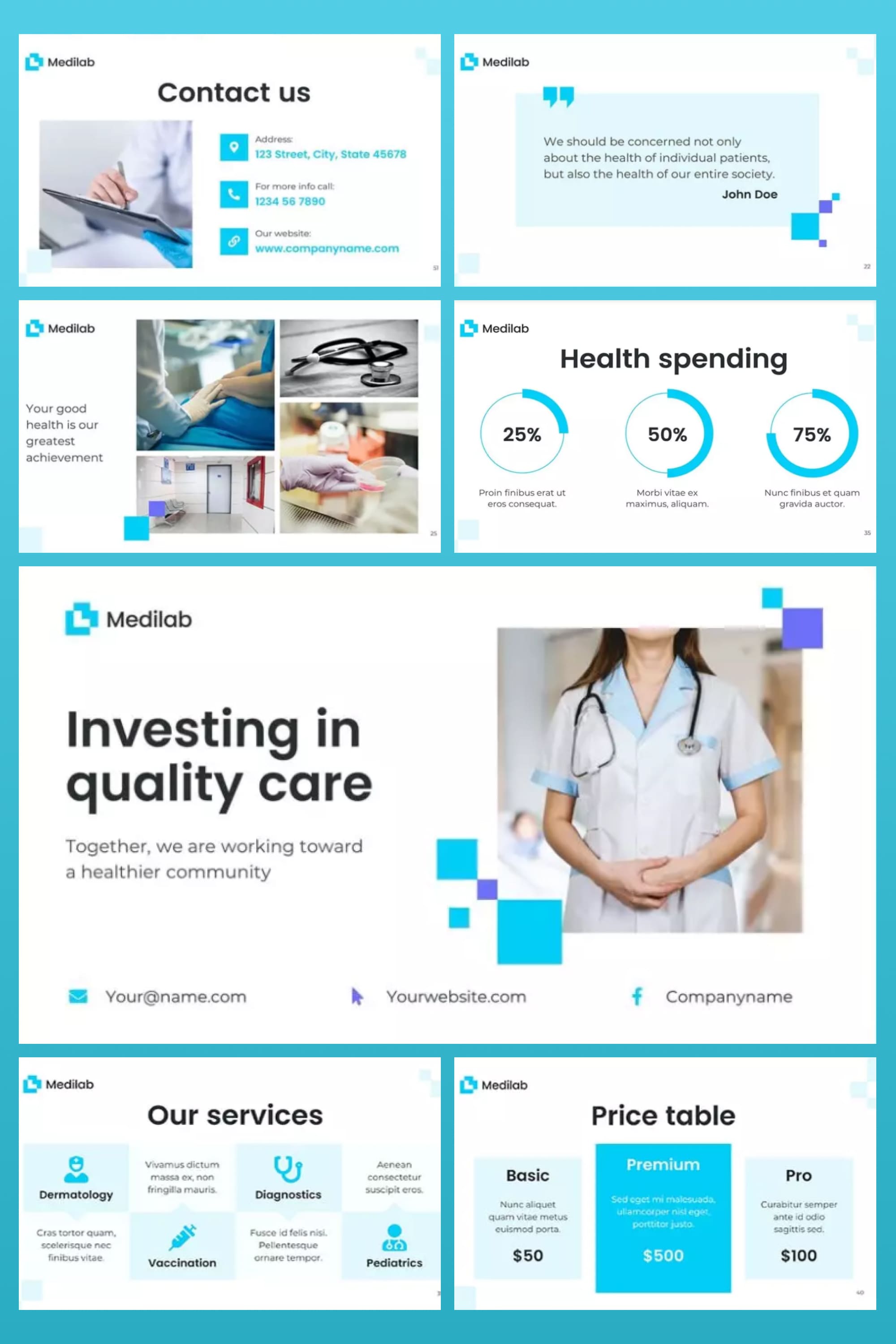 Collage of presentation pages with infographics, medical equipment and tables.