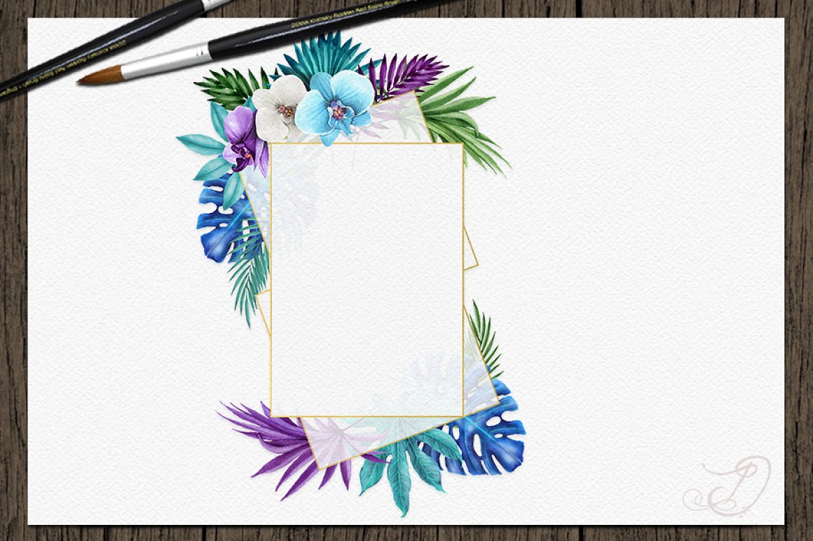 Lush flowers frame with purple and blue colors.