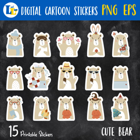 Cute Bear Digital Printable Stickers Bundle cover image.
