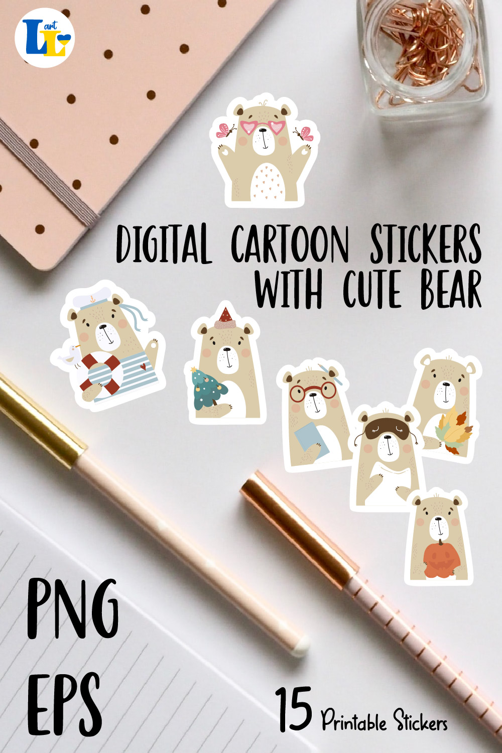 Cute Bear Digital Printable Stickers Bundle pinterest image.