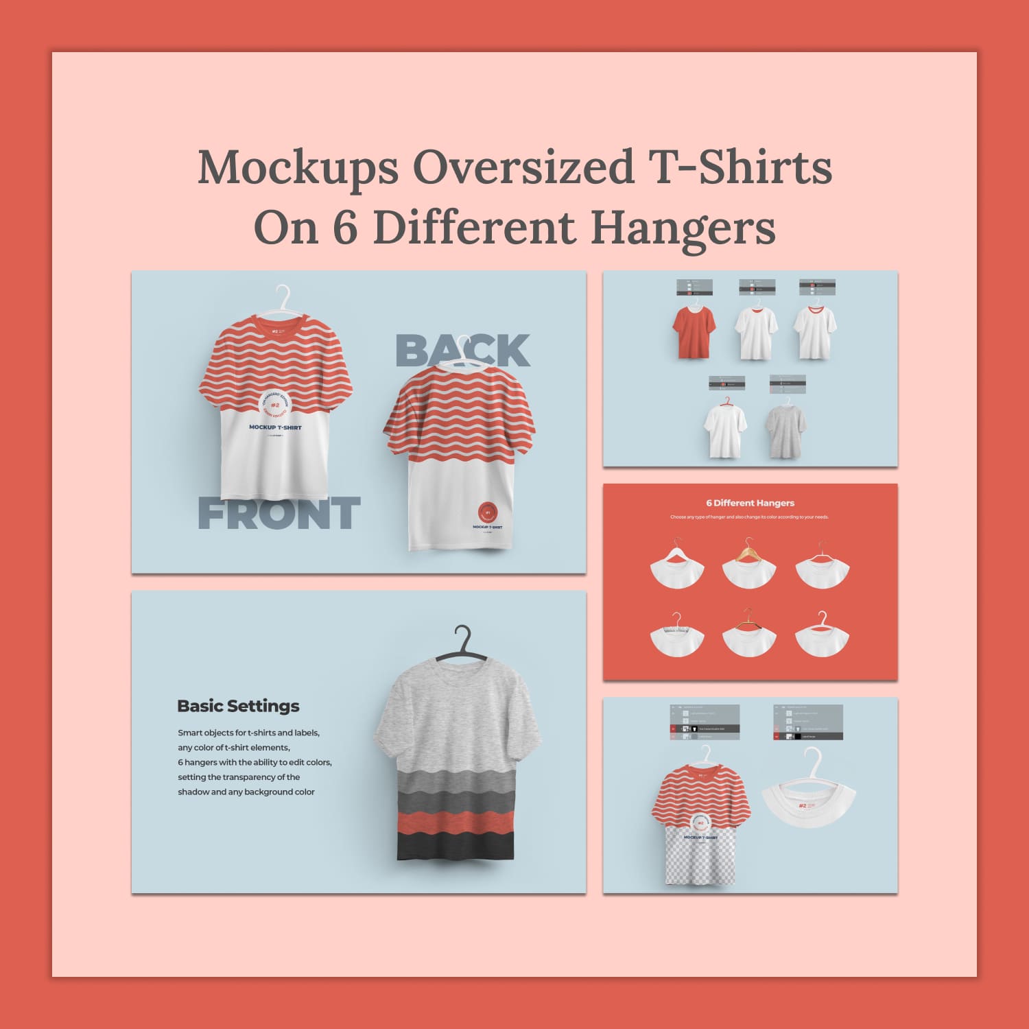 2 Mockups Oversized T-Shirts On 6 Different Hangers.
