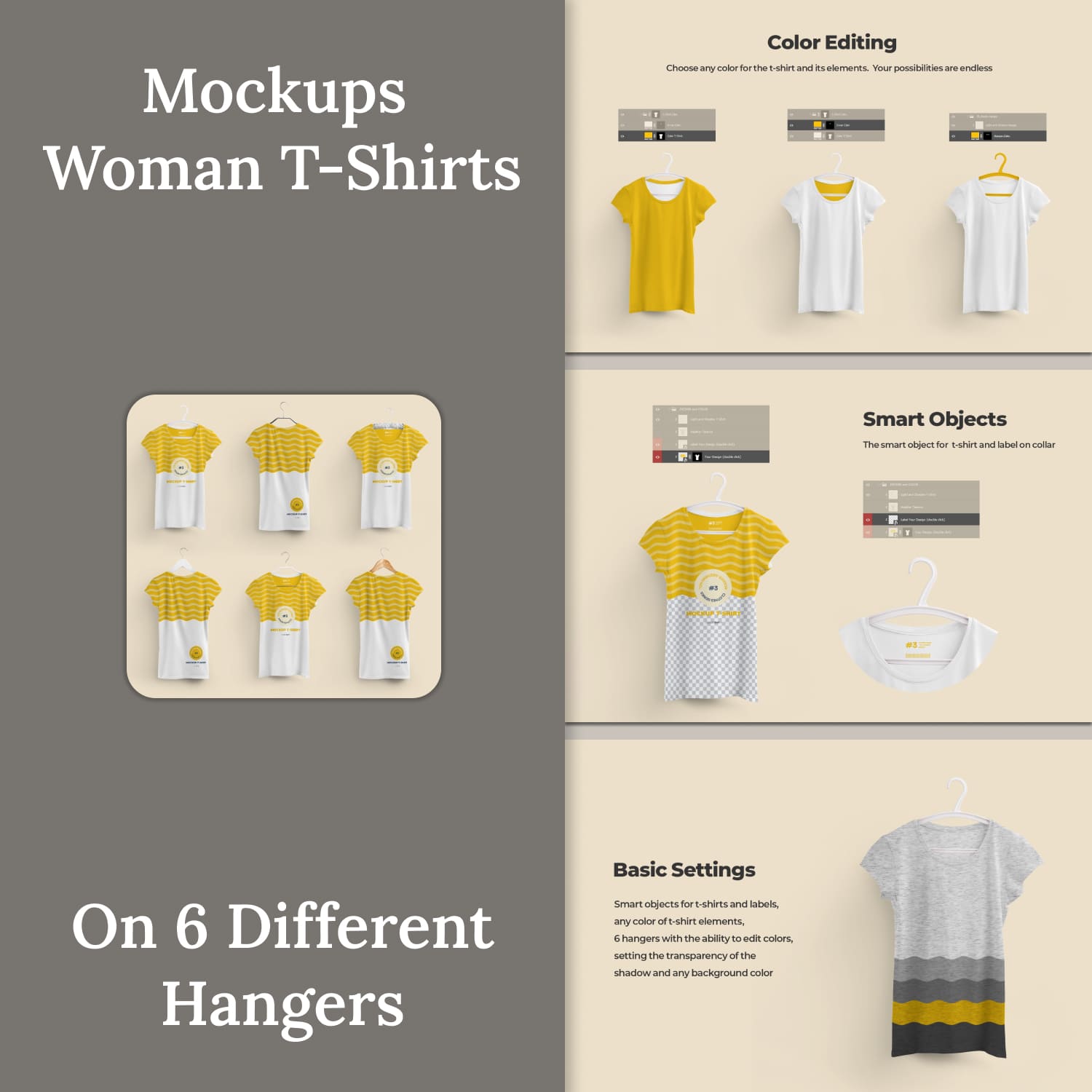 2 Mockups Woman T-shirts On 6 Different Hangers cover.