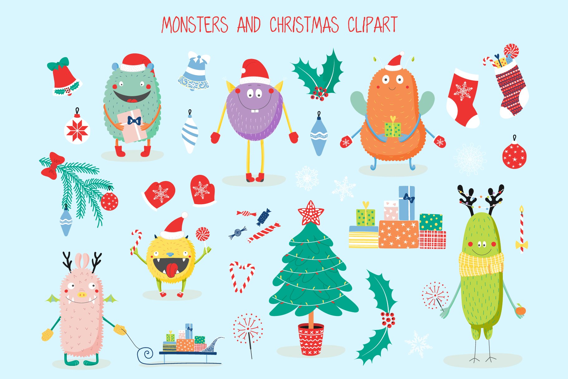 Light blue background with various Christmas elements for cool monster illustration.