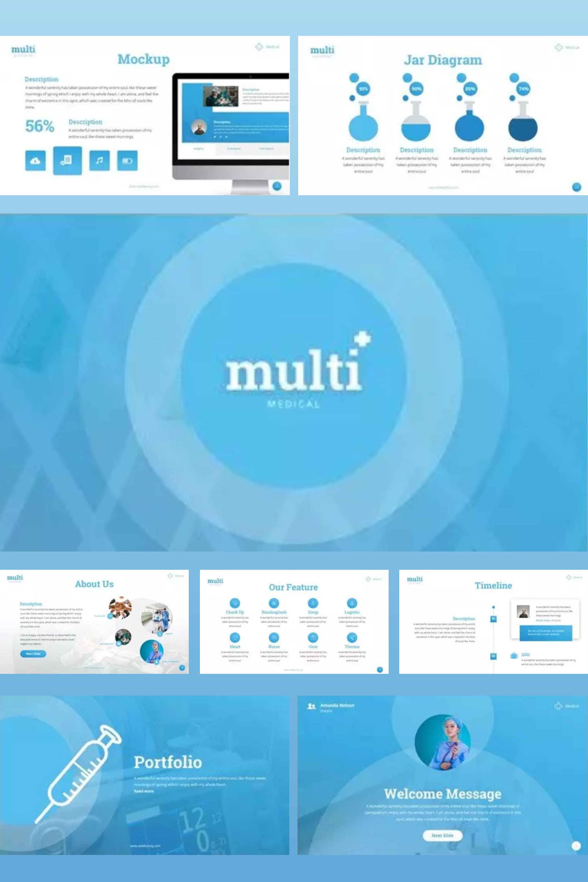 Collage of presentation pages with blue background and chemistry icons.