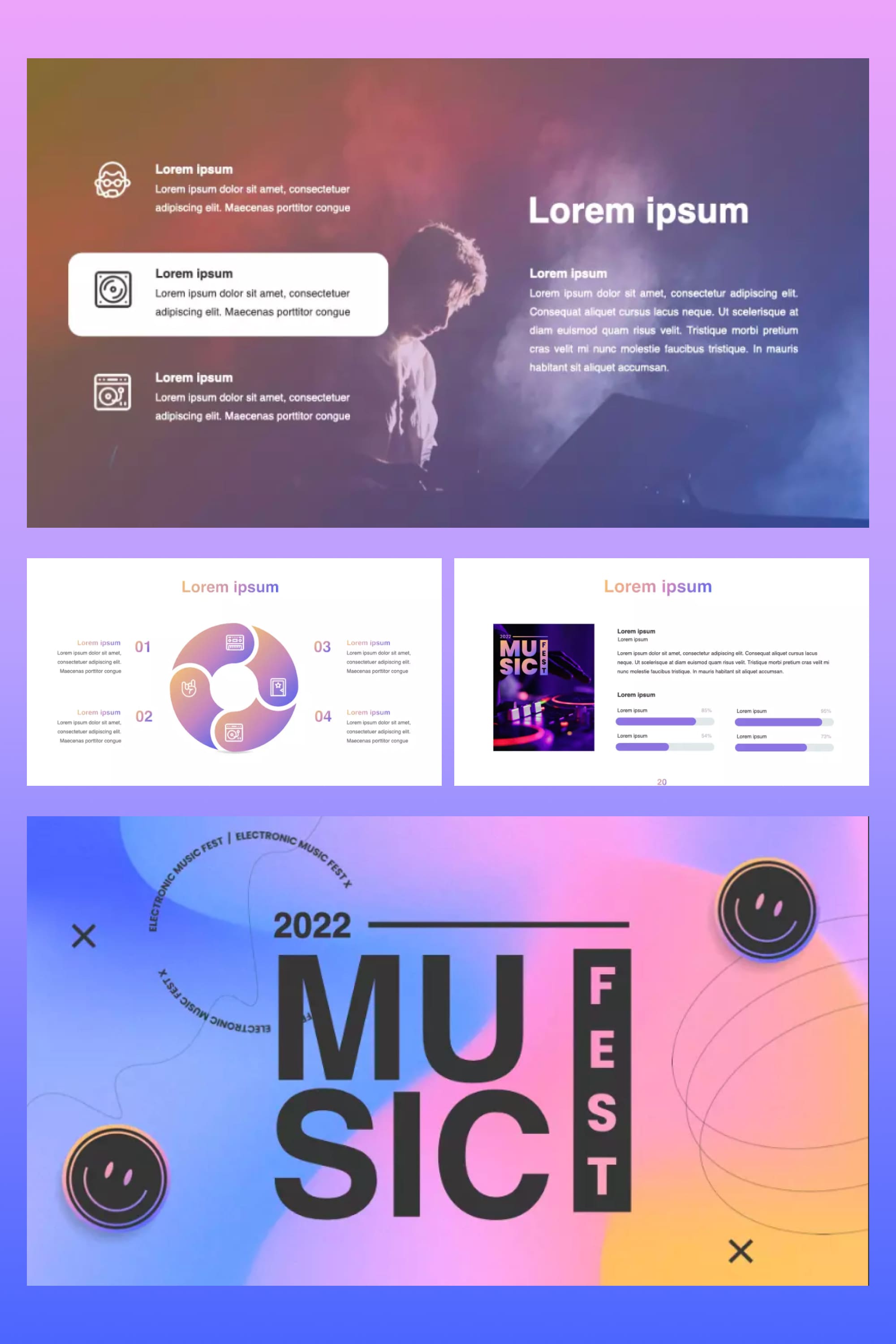 Collage of presentation pages in purple yellow and dj.
