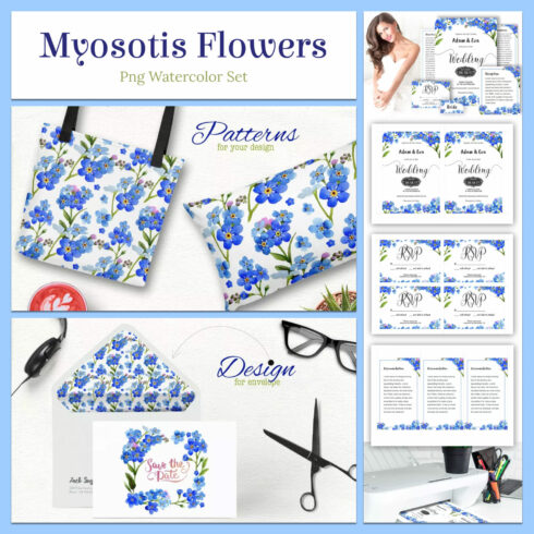 Myosotis Flowers PNG Watercolor Set.
