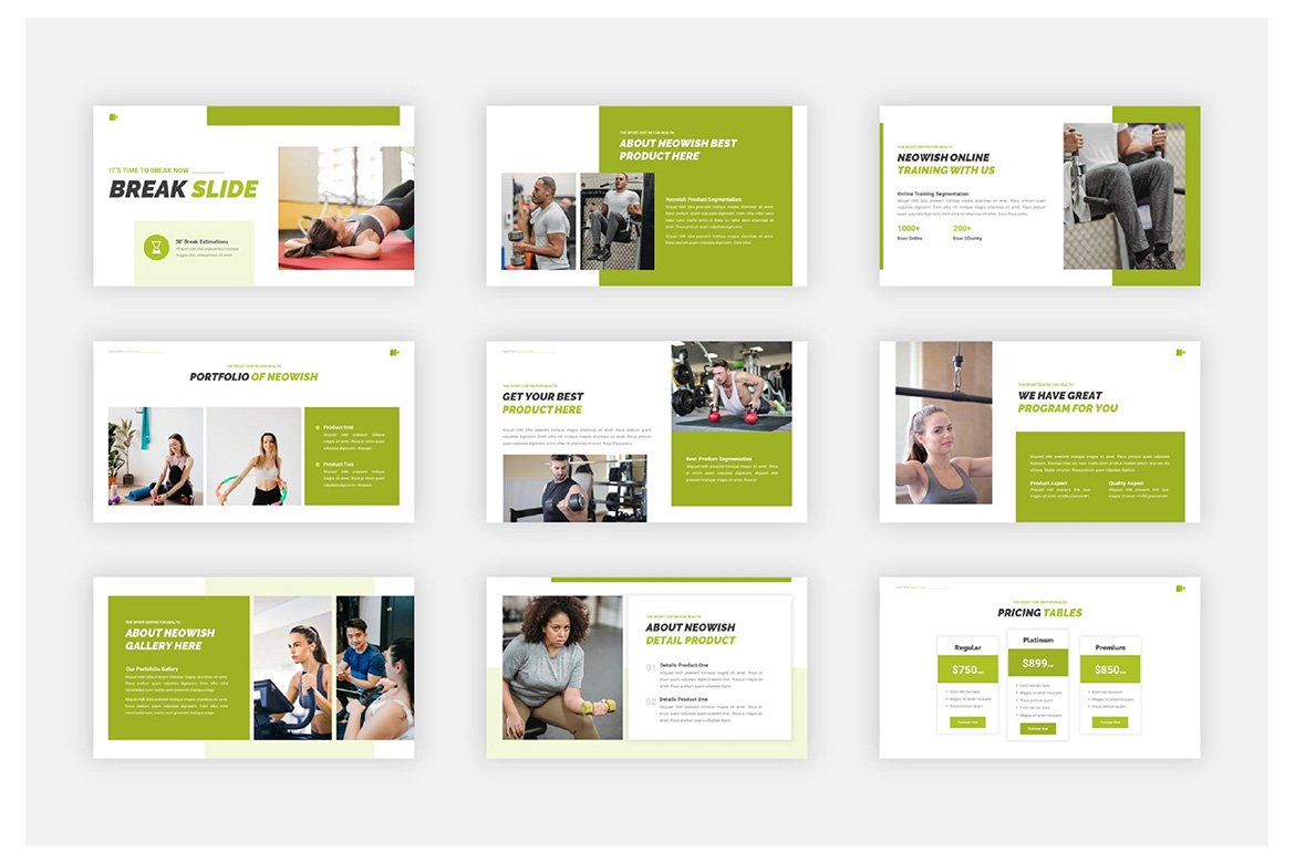 Big fitness template with green slides designs.