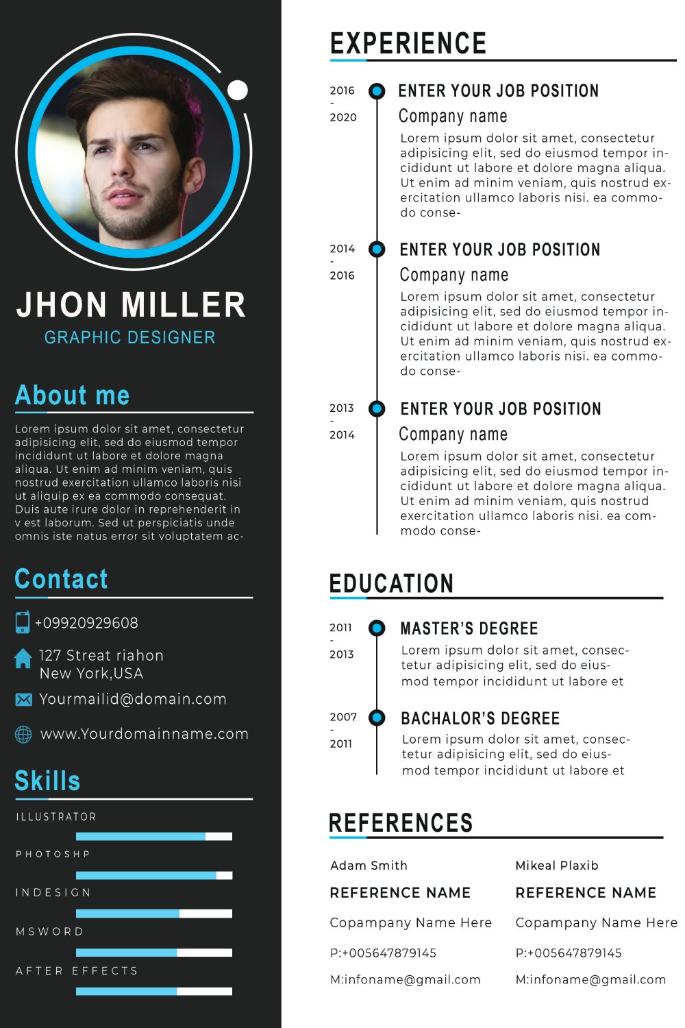 Professional resume with a blue and black color scheme.