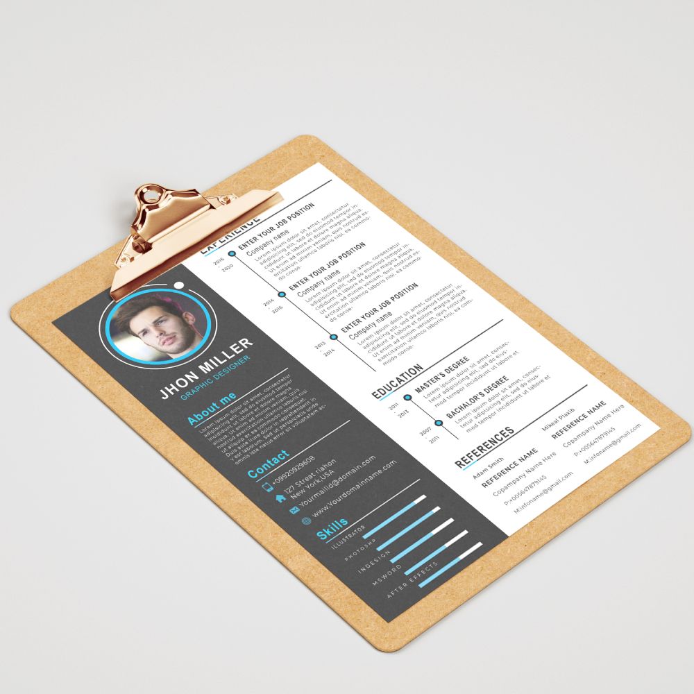 Clean and modern resume template on a clipboard.