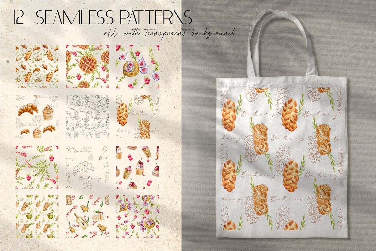 12 seamless patterns with transparent background.