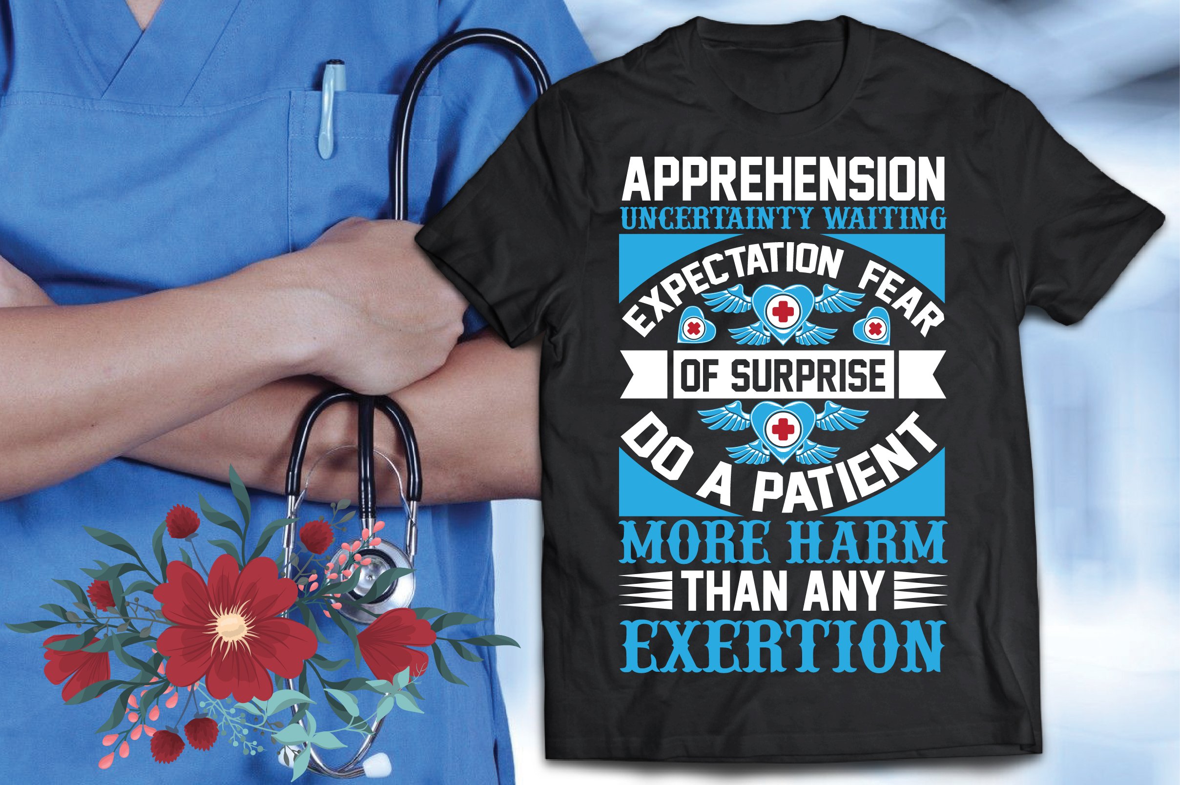 Black t-shirt with blue nurse print.