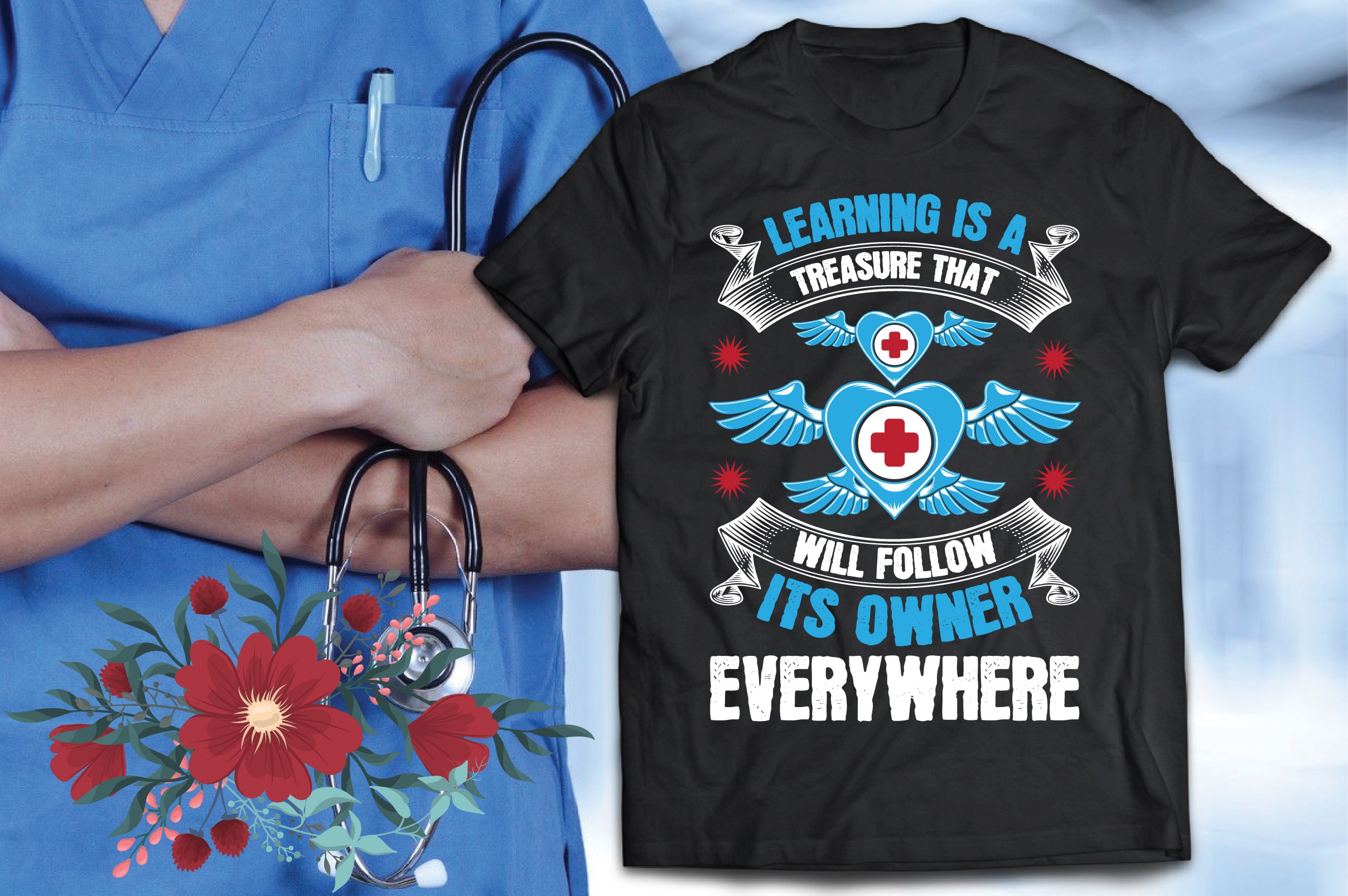 Blue wings and some lettering about nurse on a black t-shirt.