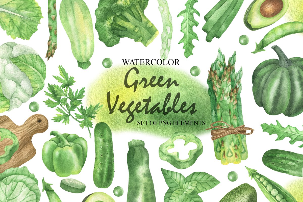 Cover image of Watercolor Green Vegetables Clipart.