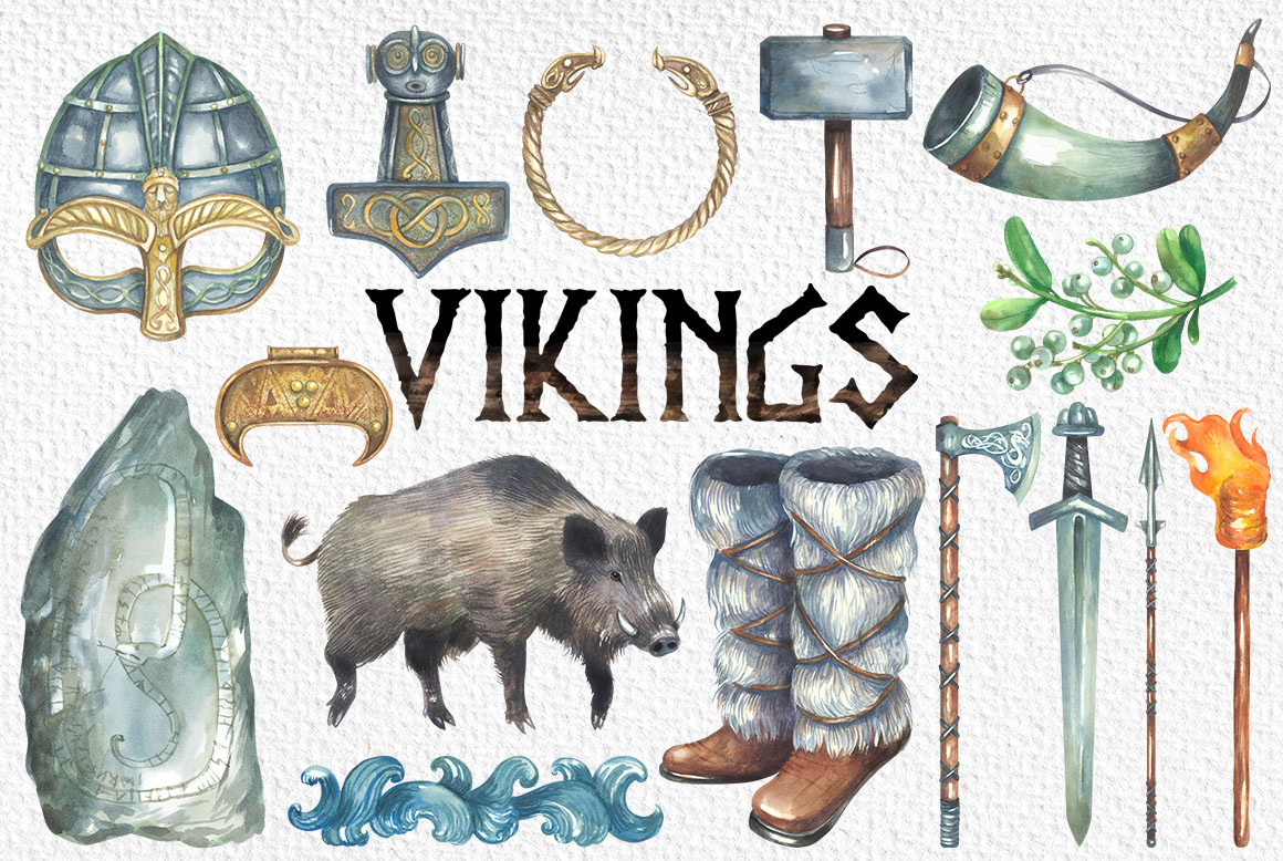 Viking Watercolor Cliparts Elements Example.