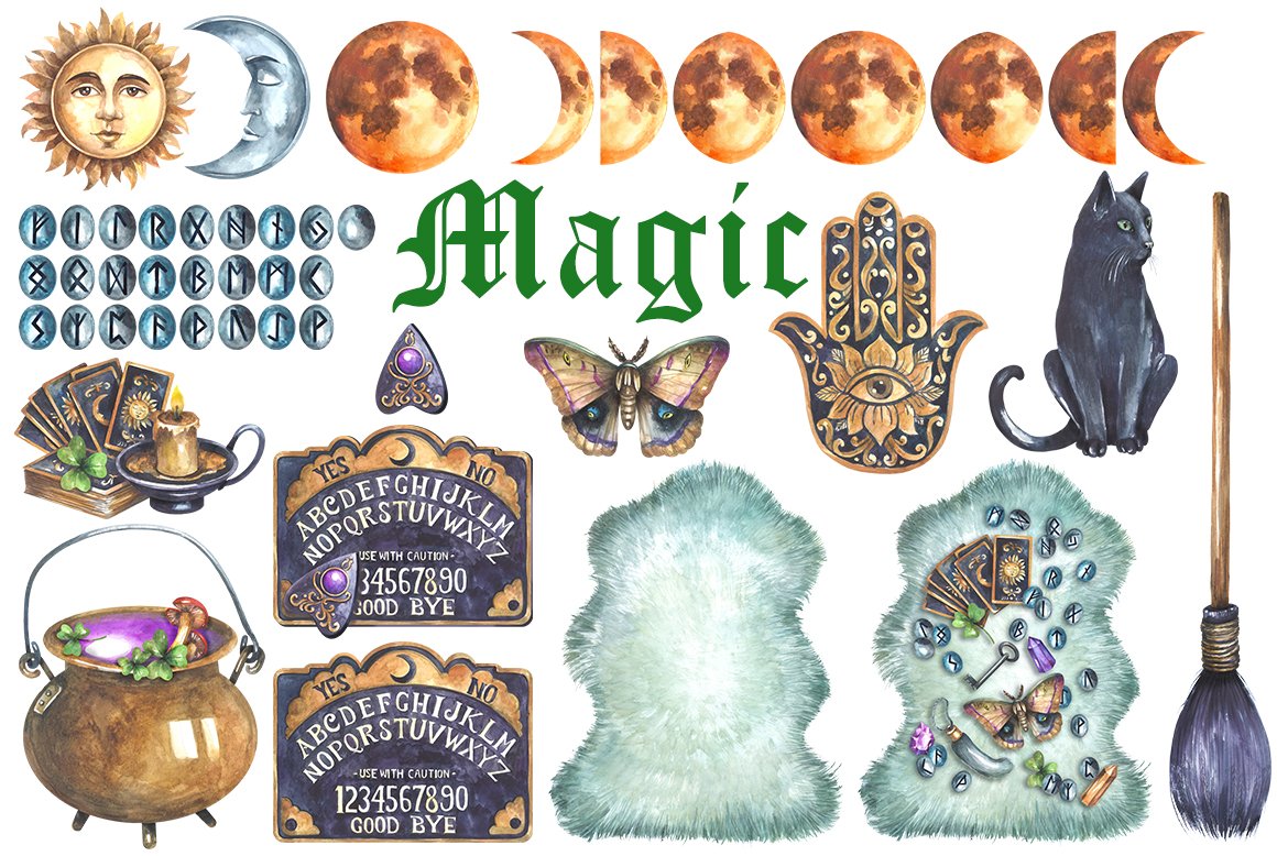 Magic Collection Watercolor Clipart Elements.