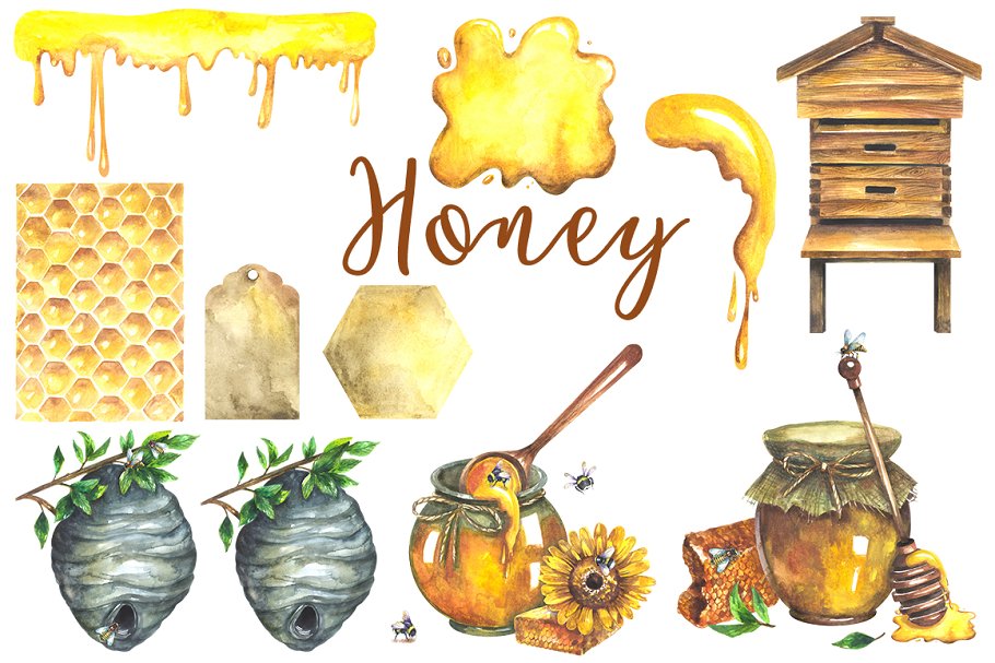 This listing includes 26 Honey Watercolor Clipart transparent PNG format.