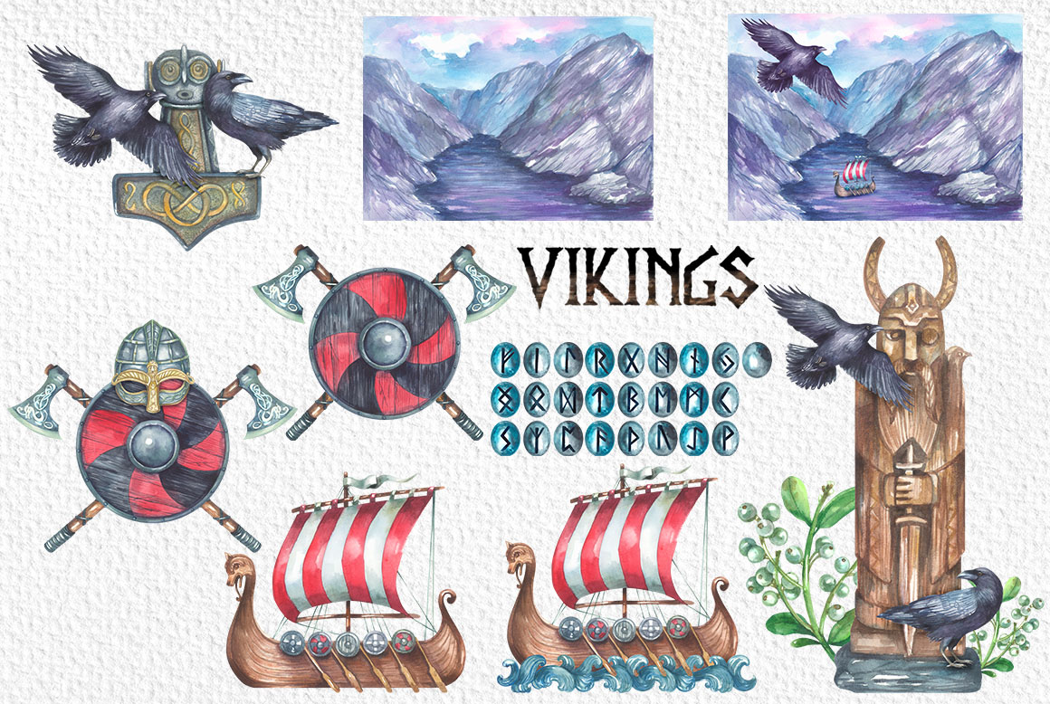 Viking Watercolor Cliparts Elemnts Combinations Example.