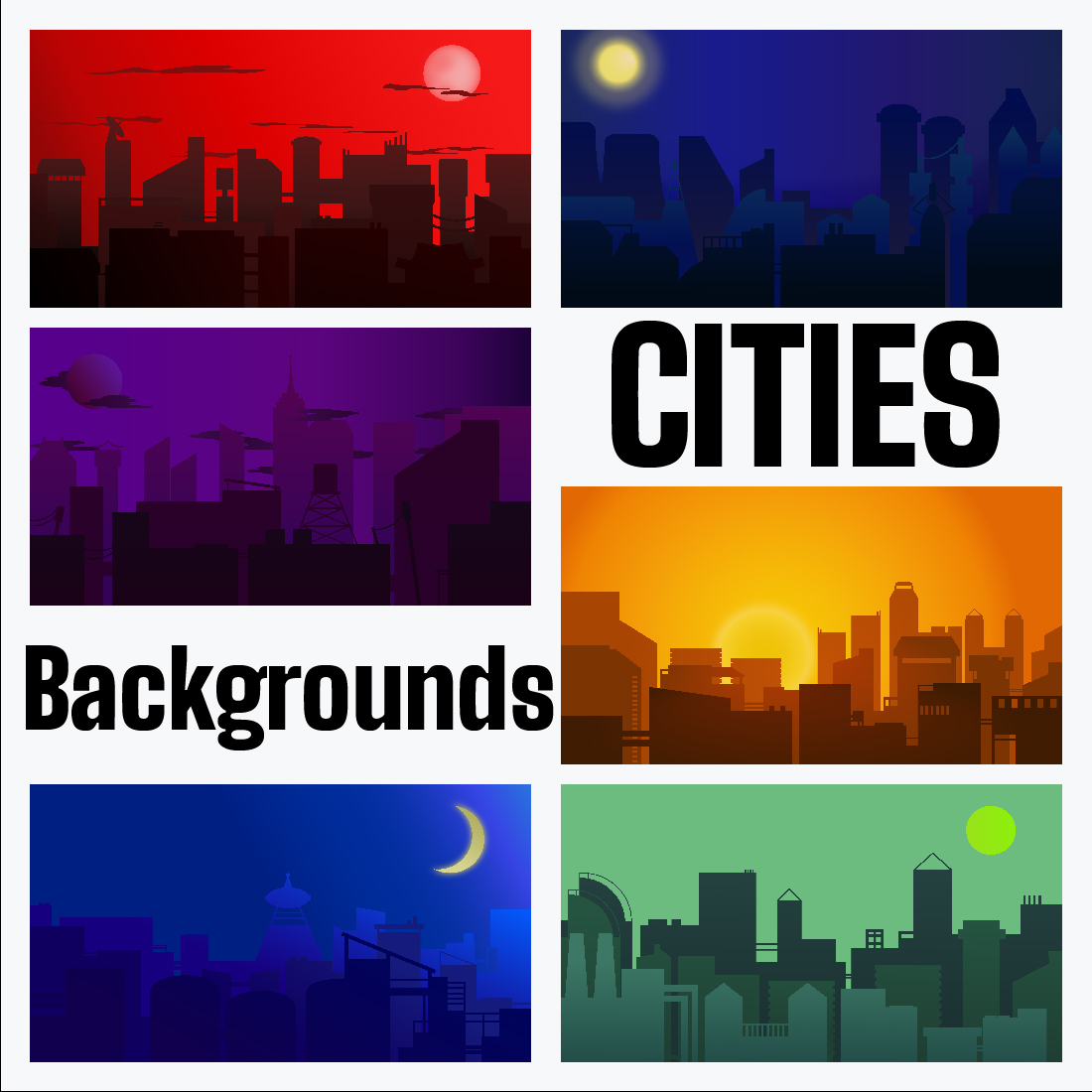 6 Unique 2D Cities Backgrounds cover image.