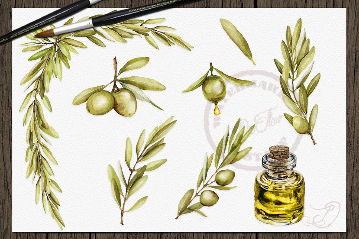 Some olive elements with a small olive bottle.