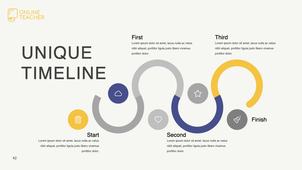 Unique timeline in blue and yellow colors.