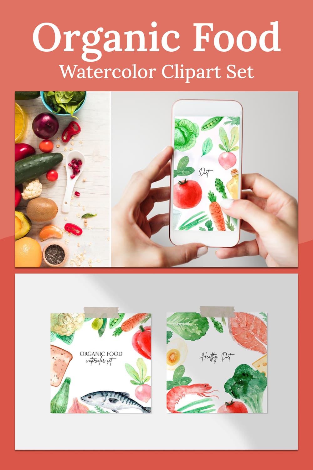 Organic food. watercolor clipart set - pinterest image preview.