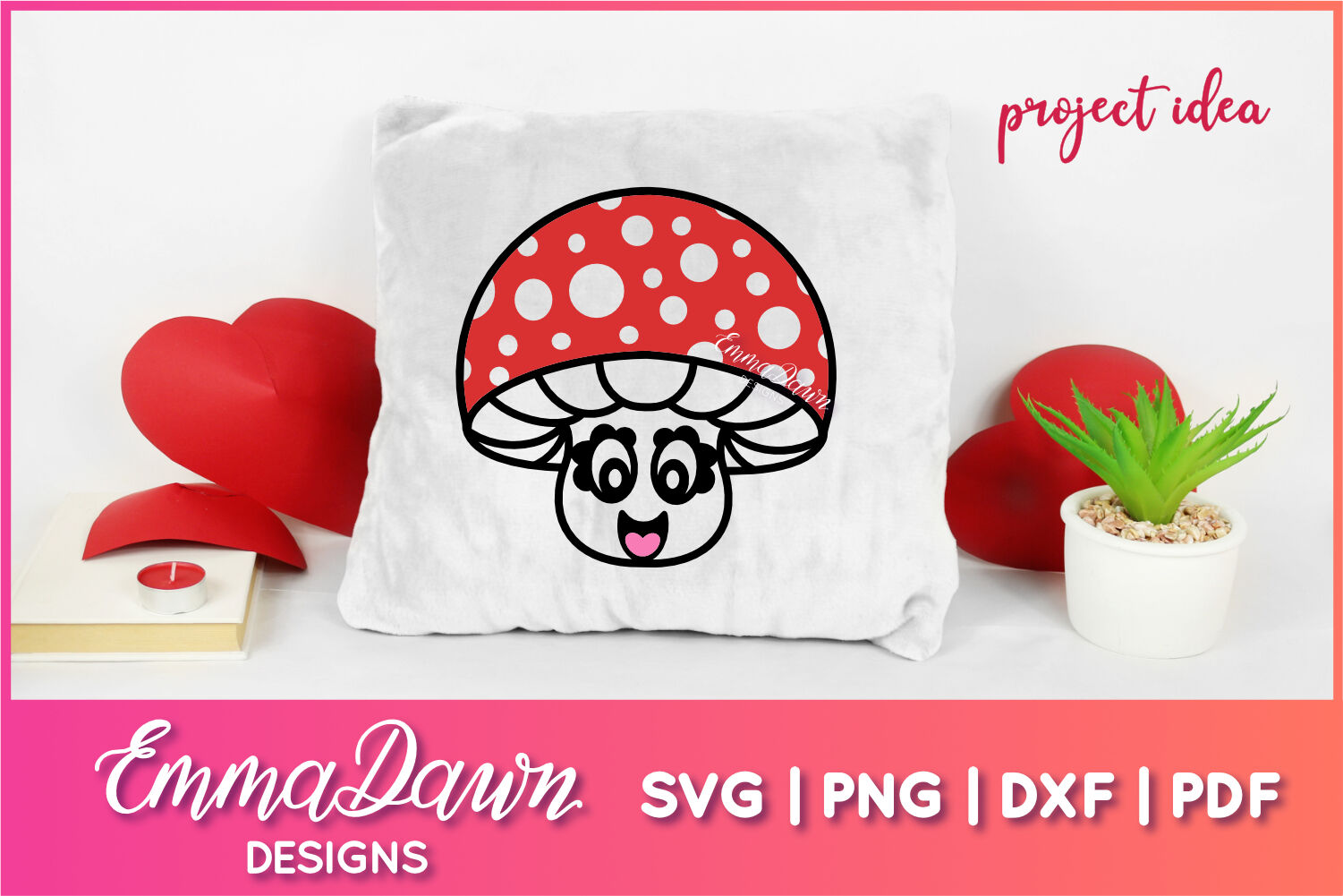 Decorate pillow with red mushroom.