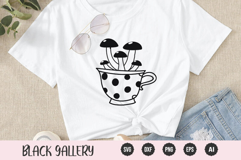 Classic white t-shirt with mushrooms in a cup.
